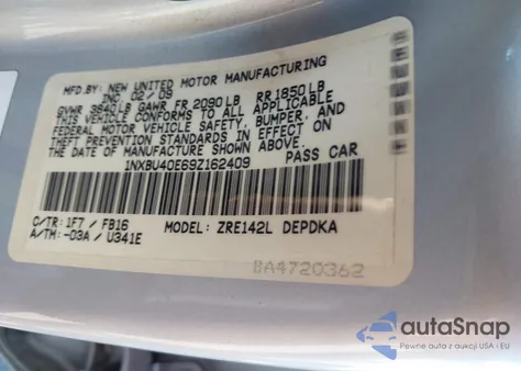2009 Toyota Corolla Le from USA, damaged, VIN 1NXBU40E69Z162409